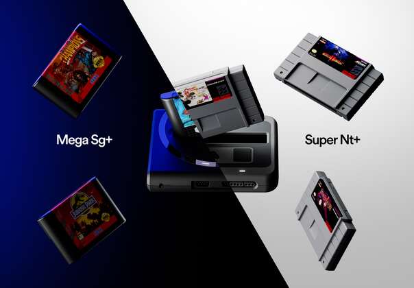 Analogue Mega Sg+ und Super Nt+ mit Spielmodulen auf geteiltem dunklem und hellem Hintergrund