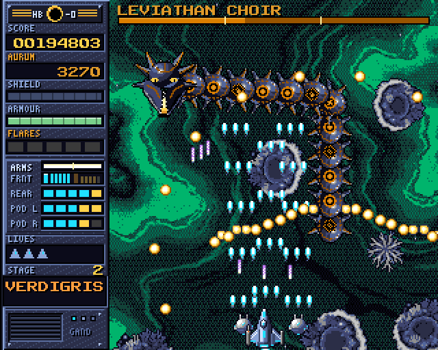 HELIOBANE auf dem Amiga: Raumschiff im Kampf gegen den Leviathan Choir in der zweiten Stufe