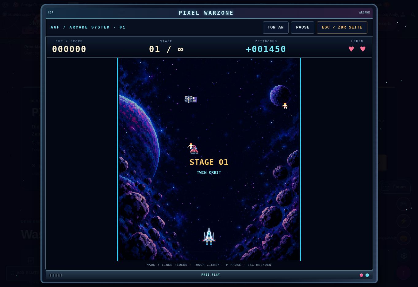Pixel Warzone mit Fighter, Weltraumgrafik und Arcade-Rahmen