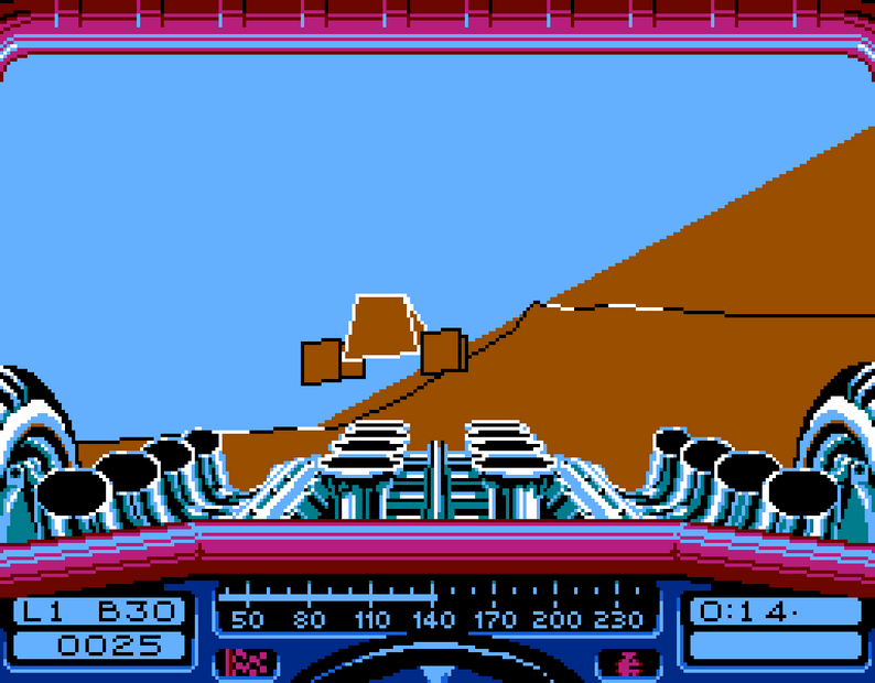 Stunt Car Racer auf dem NES: Fahrt auf einer erhöhten Rennstrecke