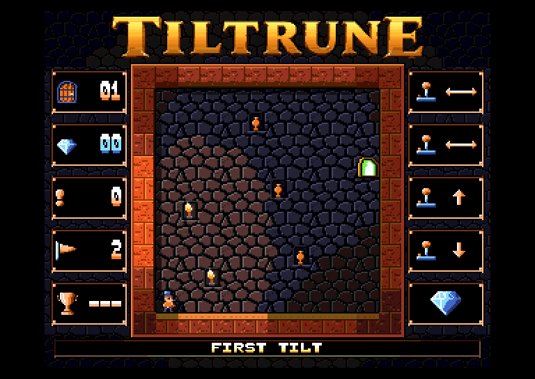 TILTRUNE auf dem Amiga: Spielfigur, Edelsteine und grüner Ausgang in der Sandsteinkammer